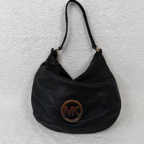 Michael Kors Fulton Black Leather Hobo Shoulder Bag Gold MK Logo - Picture 13 of 16